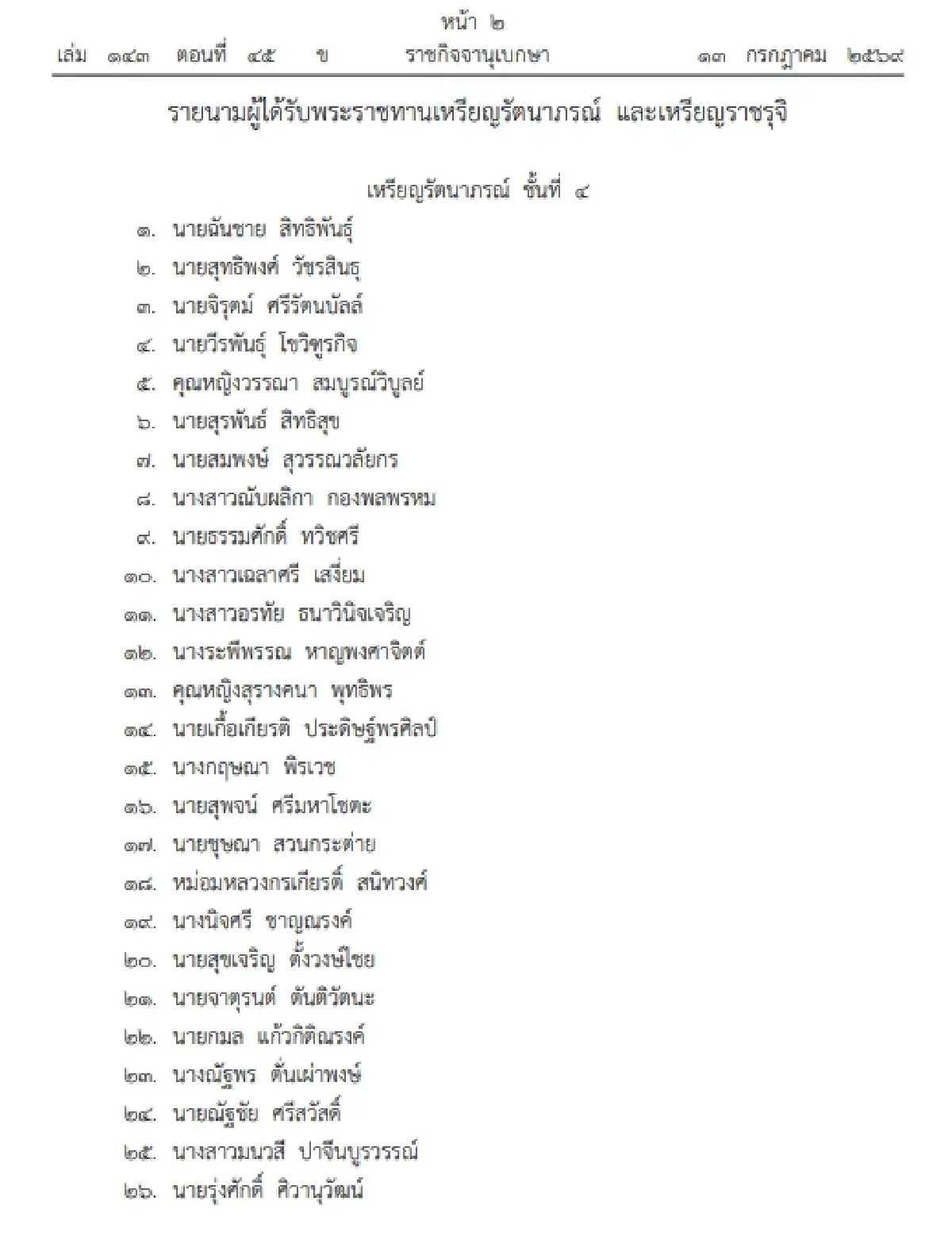โปรดเกล้าฯพระราชทานเหรียญรัตนาภรณ์ เหรียญราชรุจิ  305 ราย