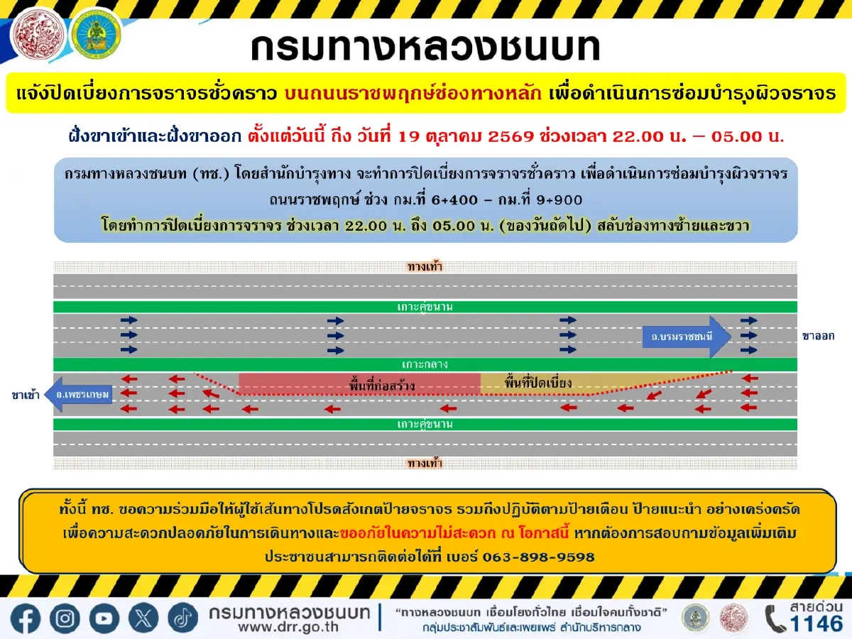 เลี่ยงรถติด ราชพฤกษ์ปิดเบี่ยงจราจร ปิดทำถนน 3 เดือน ฝั่งขาเข้า ขาออก