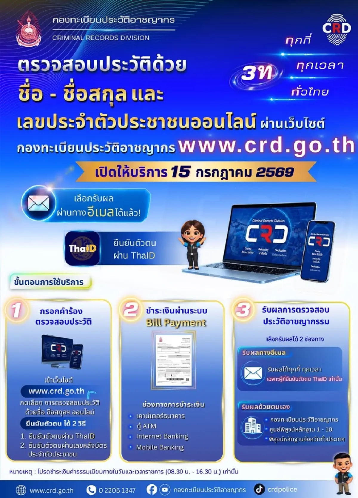 สะดวกมาก! ตรวจประวัติอาชญากรรมออนไลน์ ผ่าน crd.go.th รับผลทางอีเมล เริ่ม 15 ก.ค. 69