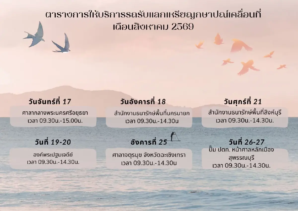 เช็ก จุดแลกเหรียญ เดือนสิงหาคม 2569 รับแลกคืนเหรียญ ทุกชนิดราคา สัญจร 6 จังหวัด