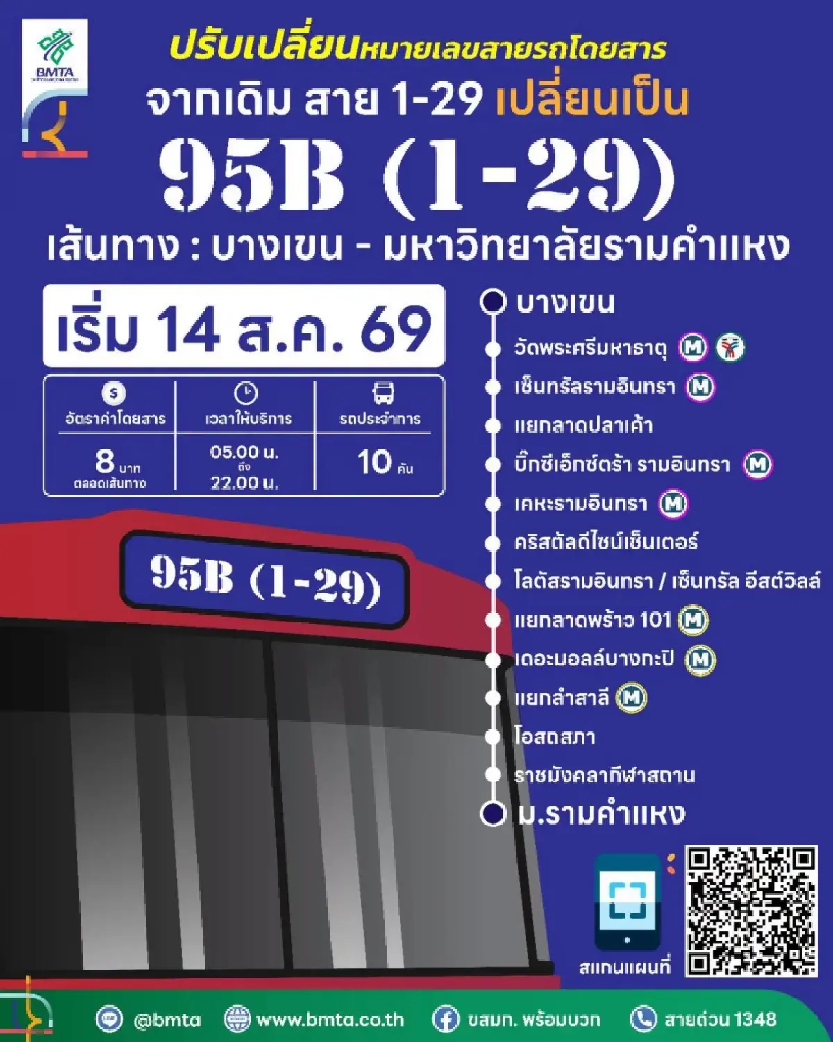 รถเมล์สาย 1-29 เปลี่ยนเป็น 95B (1-29) เช็กรอบวิ่ง-ค่าโดยสารที่นี่