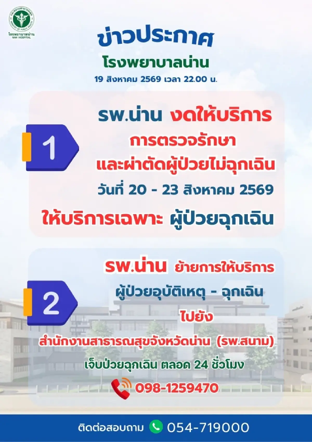 รพ.น่าน ปรับแผนน้ำท่วม ย้ายฉุกเฉิน-เปิด 2 จุดปฐมพยาบาล 20-22 ส.ค.