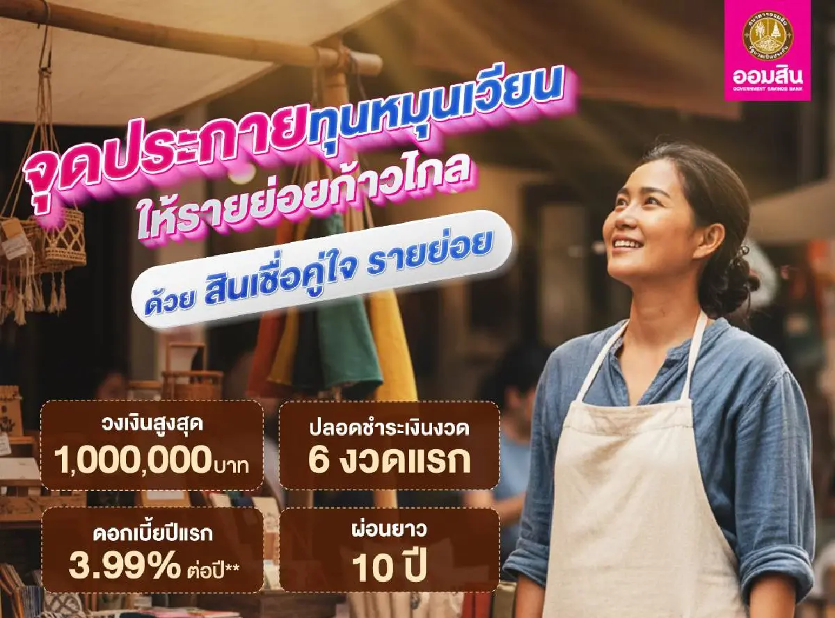สินเชื่อออมสิน เงินกู้พ่อค้าแม่ค้า รับจ้าง ผ่อน 10 ปี 6 งวดแรกไม่ต้องจ่าย