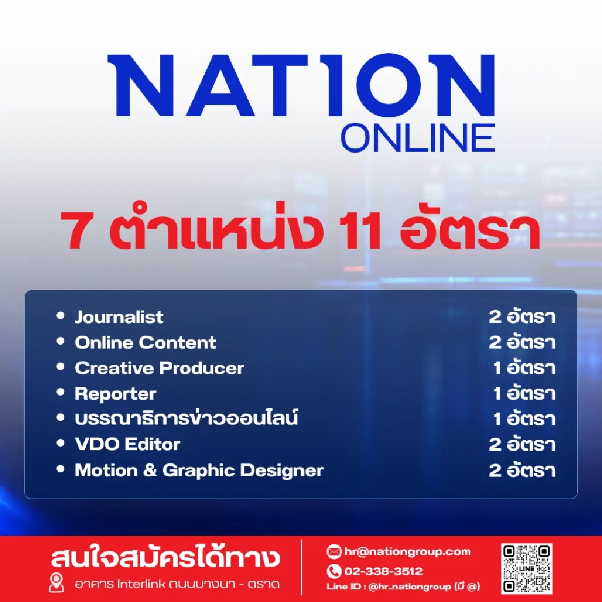 'เนชั่น' เปิดรับ 60 อัตรา ขยายธุรกิจตามยุทธศาสตร์