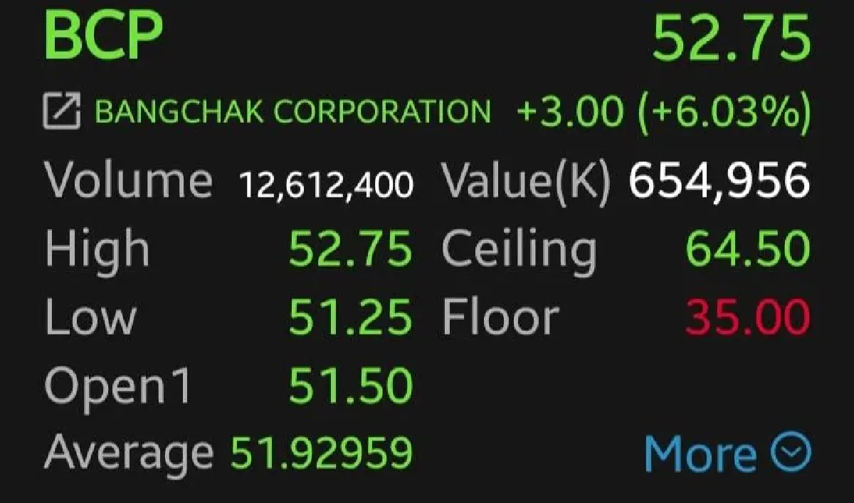 หุ้น BCP บวก 6.03% โบรกชี้กำไรครึ่งปีหลังแกร่ง  รับ SAF-BHK เดินเครื่องเต็มกำลัง