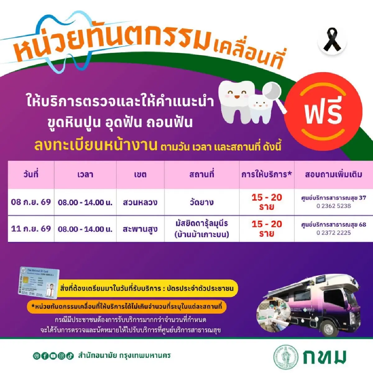 ทำฟันฟรี กทม. หน่วยทันตกรรมเคลื่อนที่ ขูดหินปูน อุดฟัน ถอนฟัน