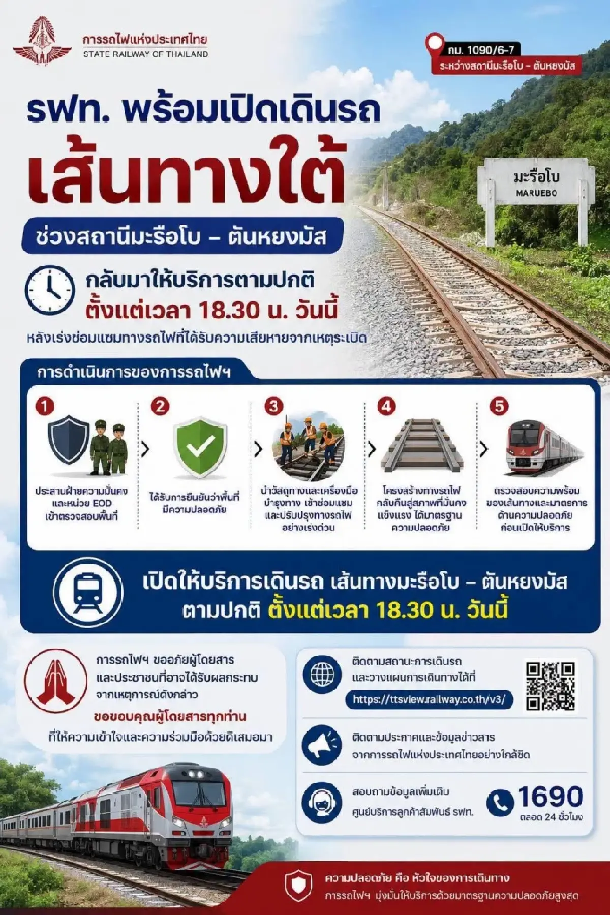 รถไฟสายใต้ ช่วง 'มะรือโบ-ตันหยงมัส' เปิดวิ่งปกติแล้วเย็นนี้