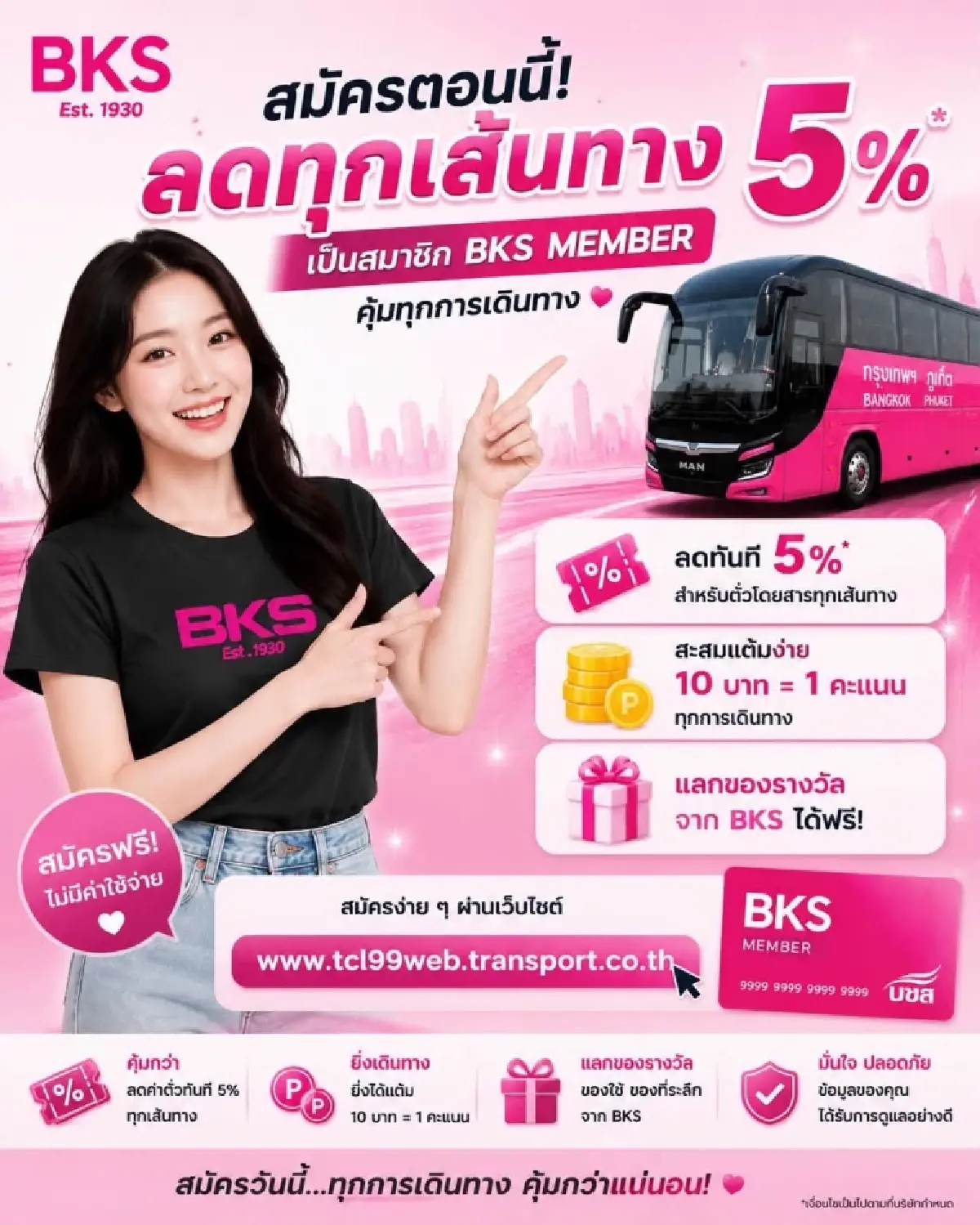 บขส. ชวนสมัครสมาชิก BKS Member ลดค่าโดยสาร 5% ทุกเส้นทาง - สะสมแต้มแลกของรางวัล