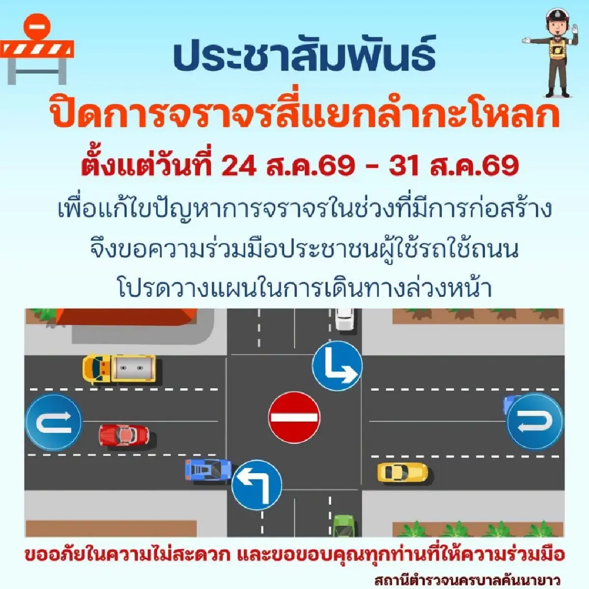 กระทบผู้ใช้ทาง ปิดถนน 8 วัน สี่แยกลำโหลก สร้างสะพานข้ามแยก แก้รถติด