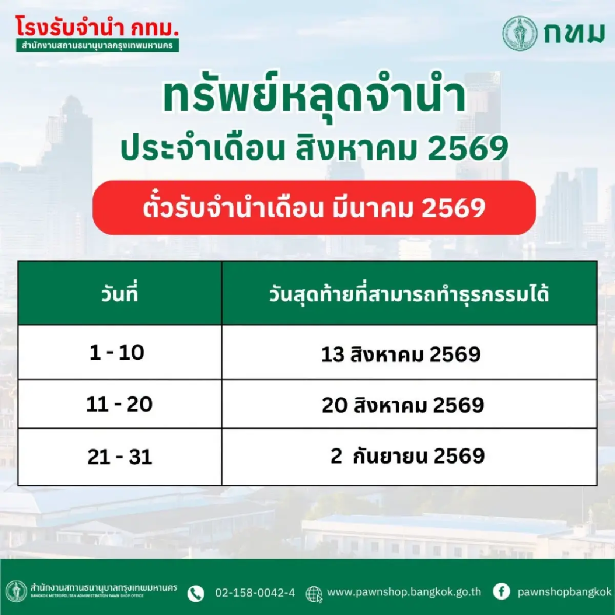 โรงรับจำนำ กทม. ประกาศทรัพย์หลุดจำนำ เดือนสิงหาคม 2569