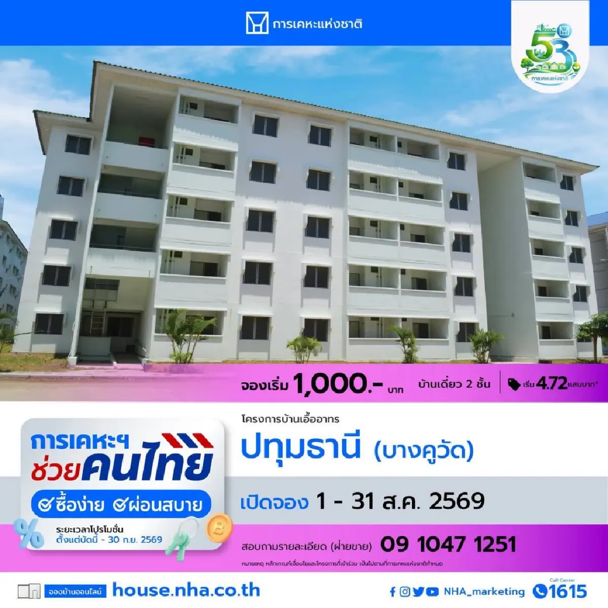 การเคหะฯ เปิดจองบ้านเอื้ออาทรปทุมธานี ดอกเบี้ย 0% ไม่เช็กเครดิตบูโร
