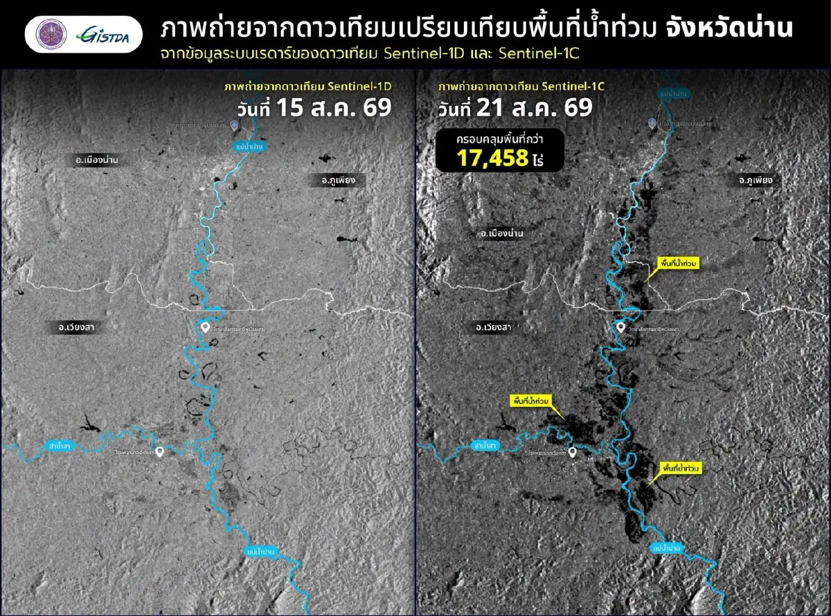 GISTDA เปิดภาพดาวเทียม “น้ำท่วมน่าน” แม่น้ำน่าน-ลำน้ำสาทะลักท่วมกว่า 1.7 หมื่นไร่