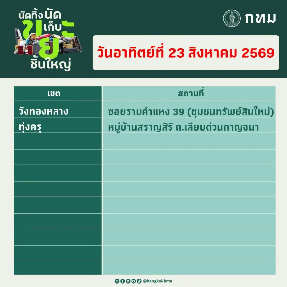 'นัดทิ้ง นัดเก็บ ขยะชิ้นใหญ่' 22–23 ส.ค.69 ทุกเขตให้บริการฟรี