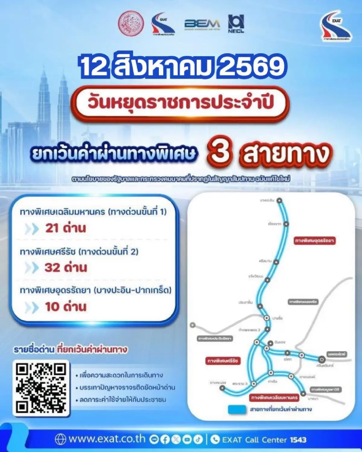 12 ส.ค.นี้ วันแม่แห่งชาติ ขึ้นทางด่วนฟรี กทพ. ยกเว้นค่าผ่านทาง 3 สายทาง