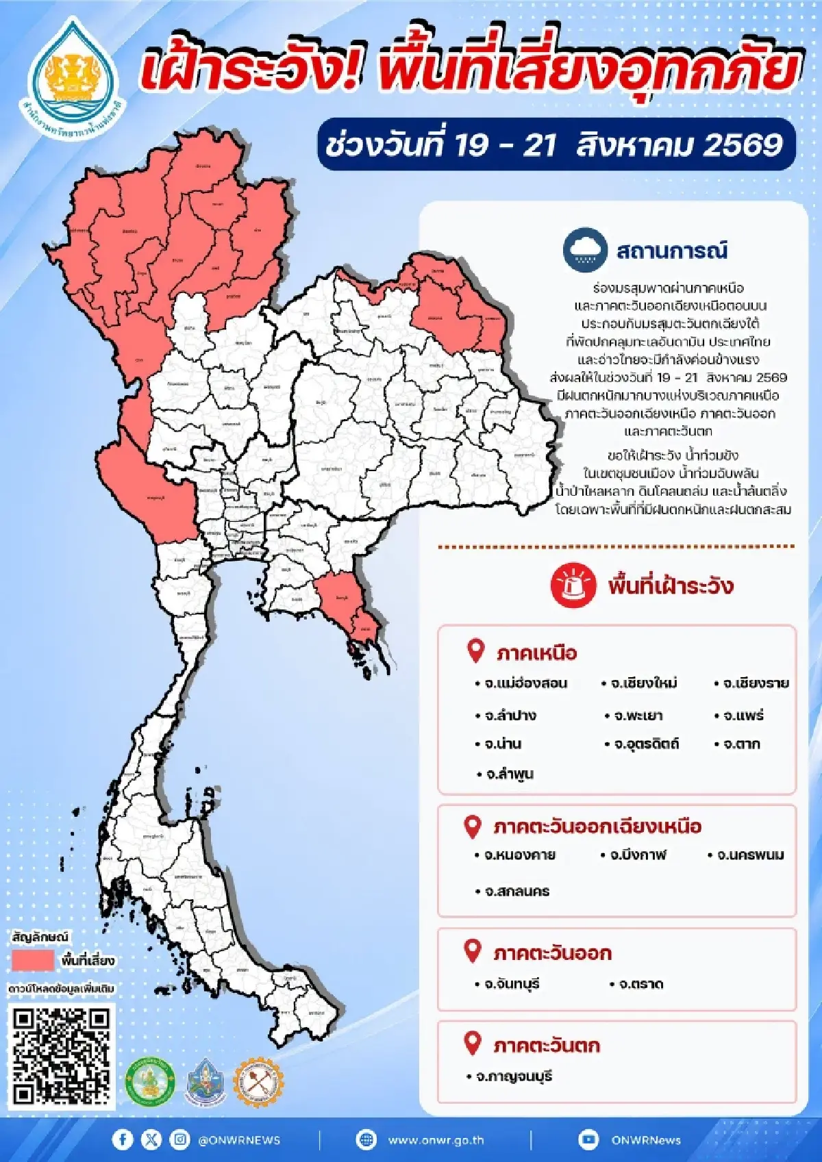 เช็กพิกัด 17 จังหวัดเสี่ยง รับมือฝนตกหนัก-น้ำท่วมขัง 19-21 ส.ค. 69