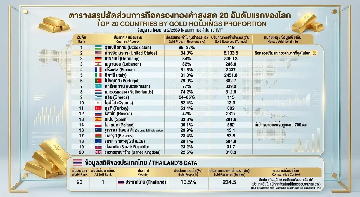 YLG ส่อง 20 ประเทศถือครองทองคำสูงสุดในโลก สหรัฐฯ-อุซเบฯ นำทัพเกิน 80%