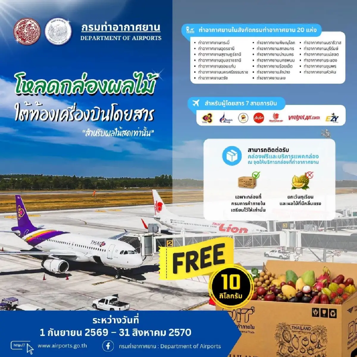 คมนาคม ผนึก 7 สายการบิน ให้โหลดผลไม้ฟรี 10 กก. ช่วยเกษตรกรระบายผลผลิต-แก้ราคาตก