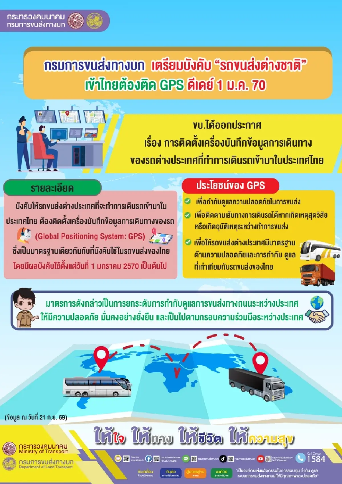 ขบ.คุมเข้ม 1 ม.ค.นี้ 'รถขนส่งต่างชาติ' เข้าไทยต้องติด GPS