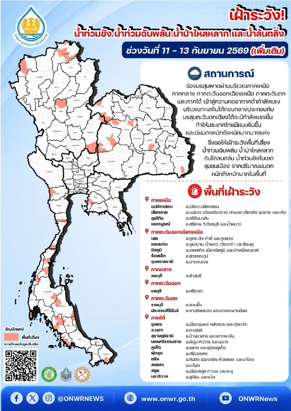 สทนช. เตือน 20 จังหวัด เสี่ยงน้ำท่วม-ดินถล่ม ฝนตกหนัก ถึง 13 ก.ย. นี้