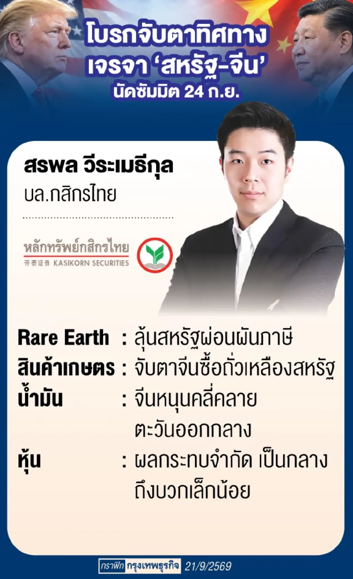 จับตา 24 ก.ย. ซัมมิต ‘สหรัฐ-จีน’ ชี้ชะตา‘ภาษี-วิกฤติฮอร์มุซ’ สะเทือนน้ำมัน-หุ้น-เอไอ 
