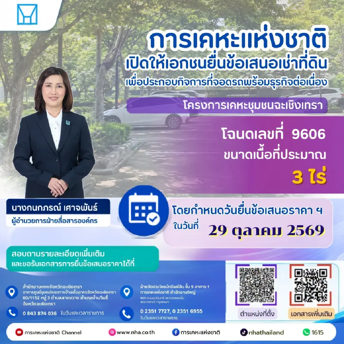 กคช. เปิดเช่าที่ดิน 3 ไร่ ฉะเชิงเทรา ทำที่จอดรถ ฟรีค่าเช่า 3 เดือนแรก