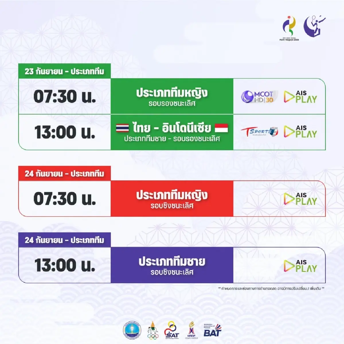 LIVE ถ่ายทอดสดแบดมินตัน วิว กุลวุฒิ 'ไทย พบ อินโดนีเซีย' เอเชียนเกมส์ 2026