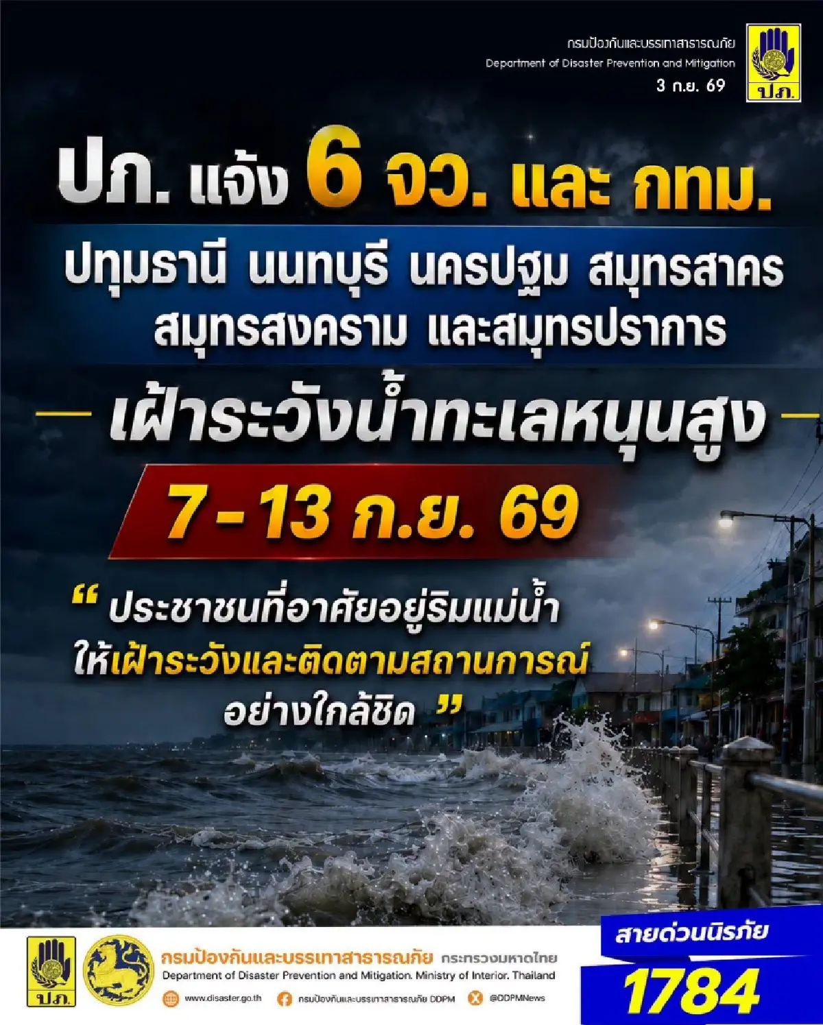 เปิดพิกัด 6 จังหวัดภาคกลาง - กทม. รับมือน้ำทะเลหนุนสูง 7-13 ก.ย. 69