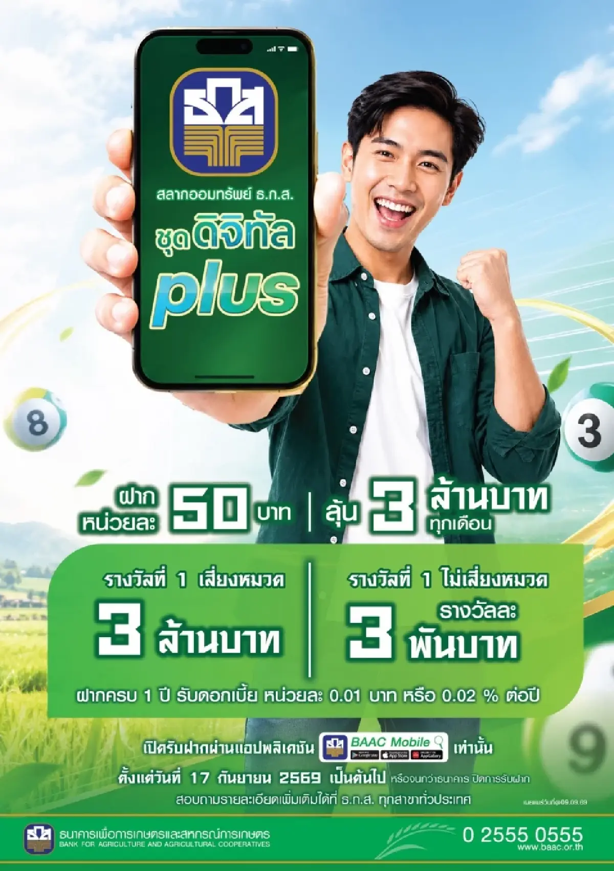 'ธ.ก.ส.' เปิดตัวสลากออมทรัพย์ 'ดิจิทัล Plus' ลุ้น 3 ล้านทุกเดือน เริ่ม 17 ก.ย. นี้
