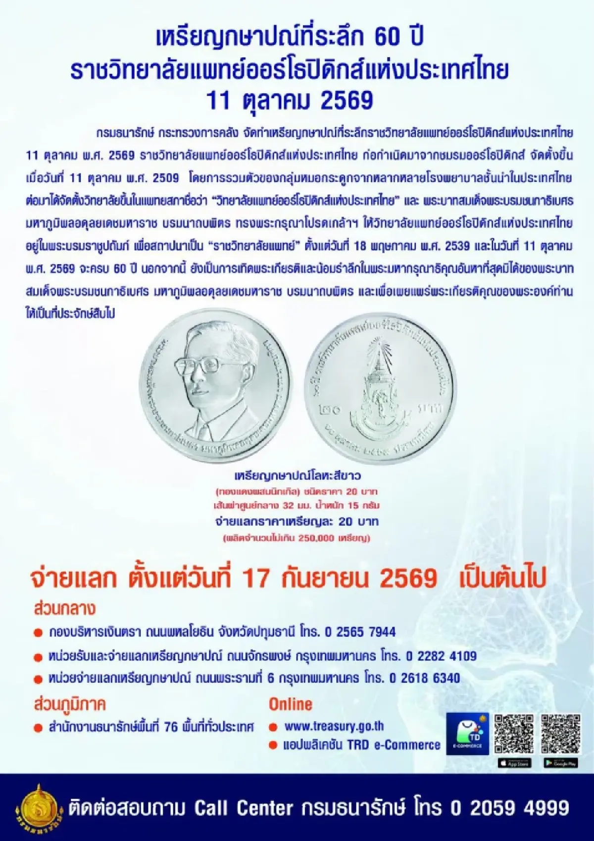 เปิดจ่ายแลกเหรียญกษาปณ์ที่ระลึก 60 ปี รุ่นลิมิเต็ด 2.5 แสนเหรียญ
