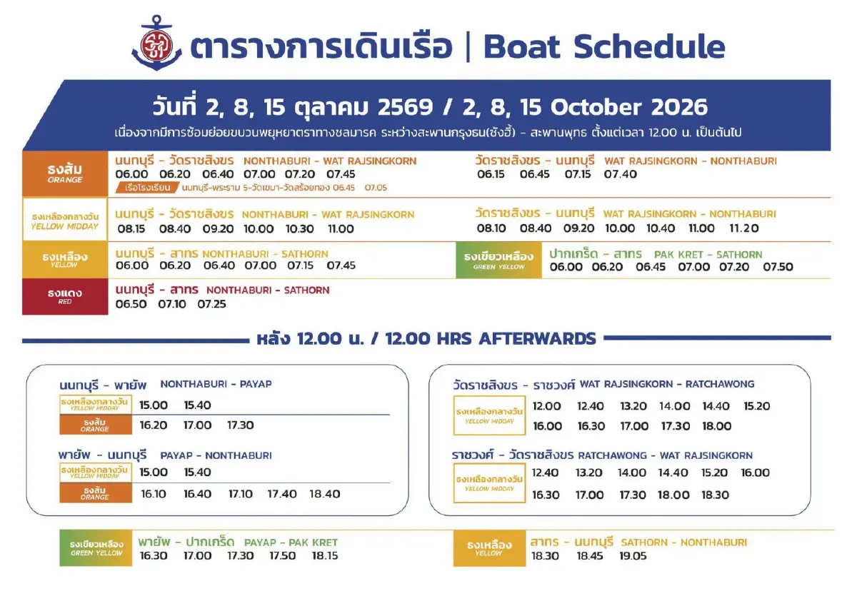 เรือด่วนเจ้าพระยาแจ้งปรับตารางเดินเรือ 2, 8 และ 15 ต.ค. 69