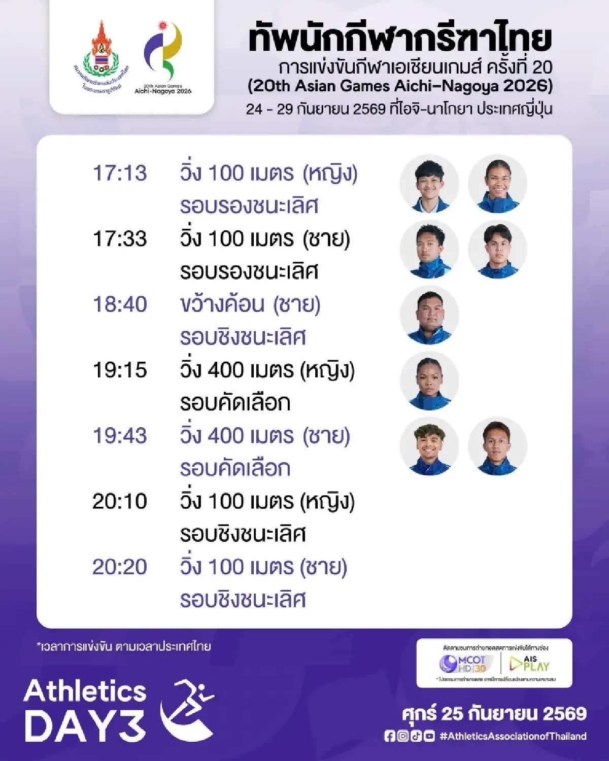 LIVE ถ่ายทอดสดกรีฑา 'บิว ภูริพล' วิ่ง 100 เมตรชาย เอเชียนเกมส์ 2026