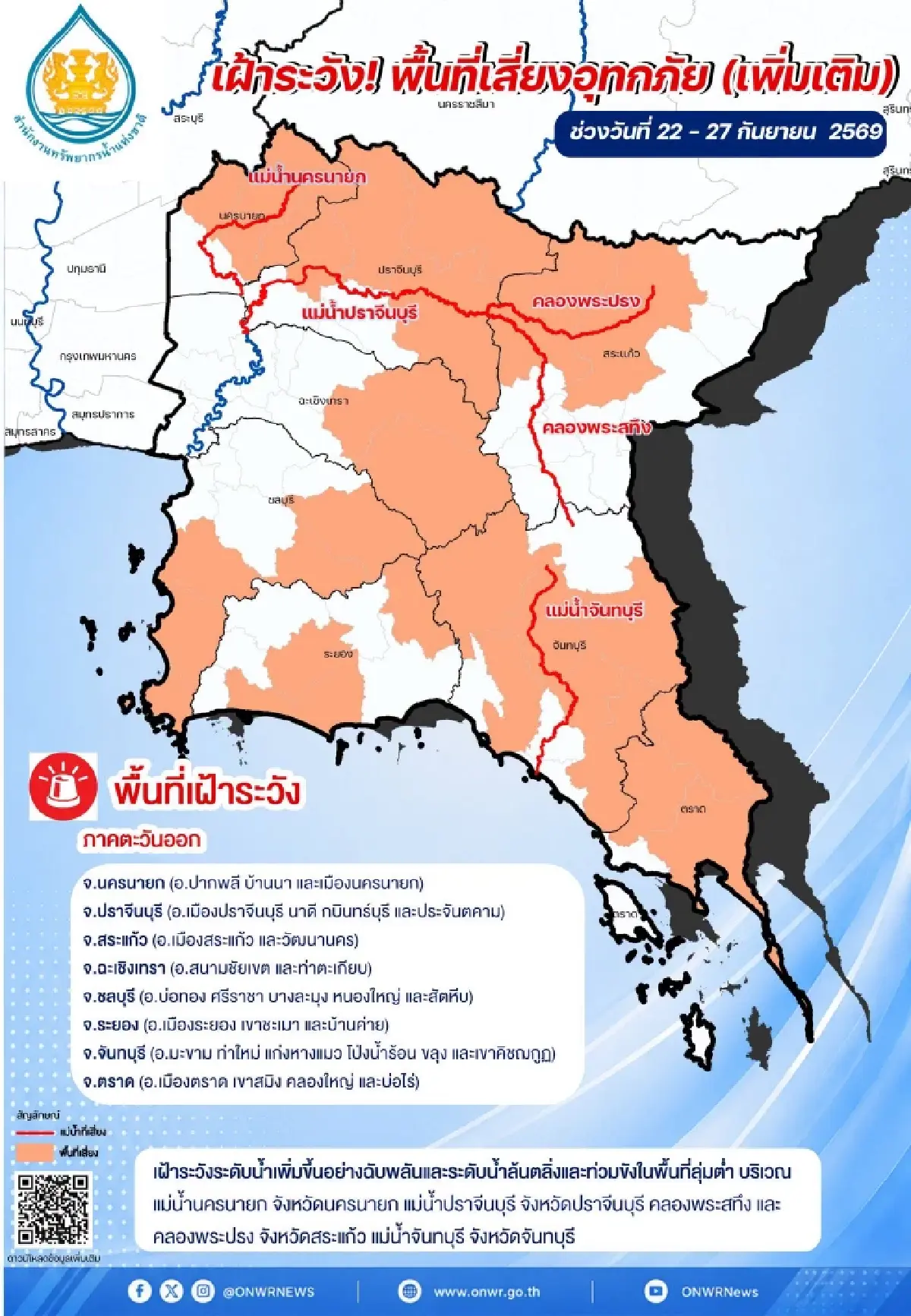 เตือน 8 จังหวัดภาคตะวันออก เสี่ยงน้ำท่วม-น้ำหลาก 22–27 ก.ย.นี้