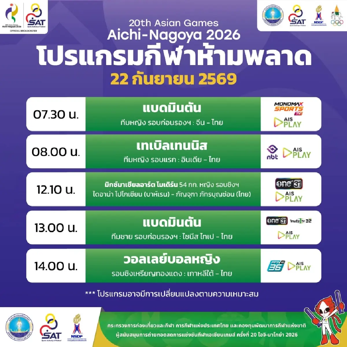 ดูสดฟรี แบดมินตัน ทีมชาติไทย วิว กุลวุฒิ พบ โจว เทียนเฉิน เอเชียนเกมส์ 2026