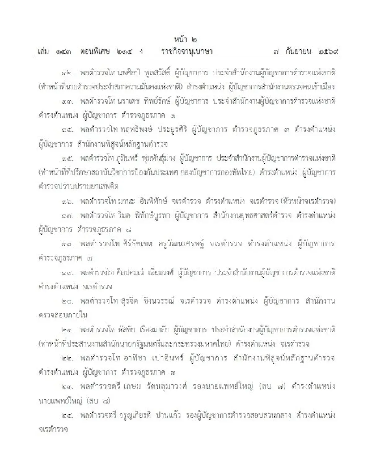 โปรดเกล้าฯ แต่งตั้งข้าราชการตำรวจ ดำรงตำแหน่งต่างๆ จำนวน 281 ราย