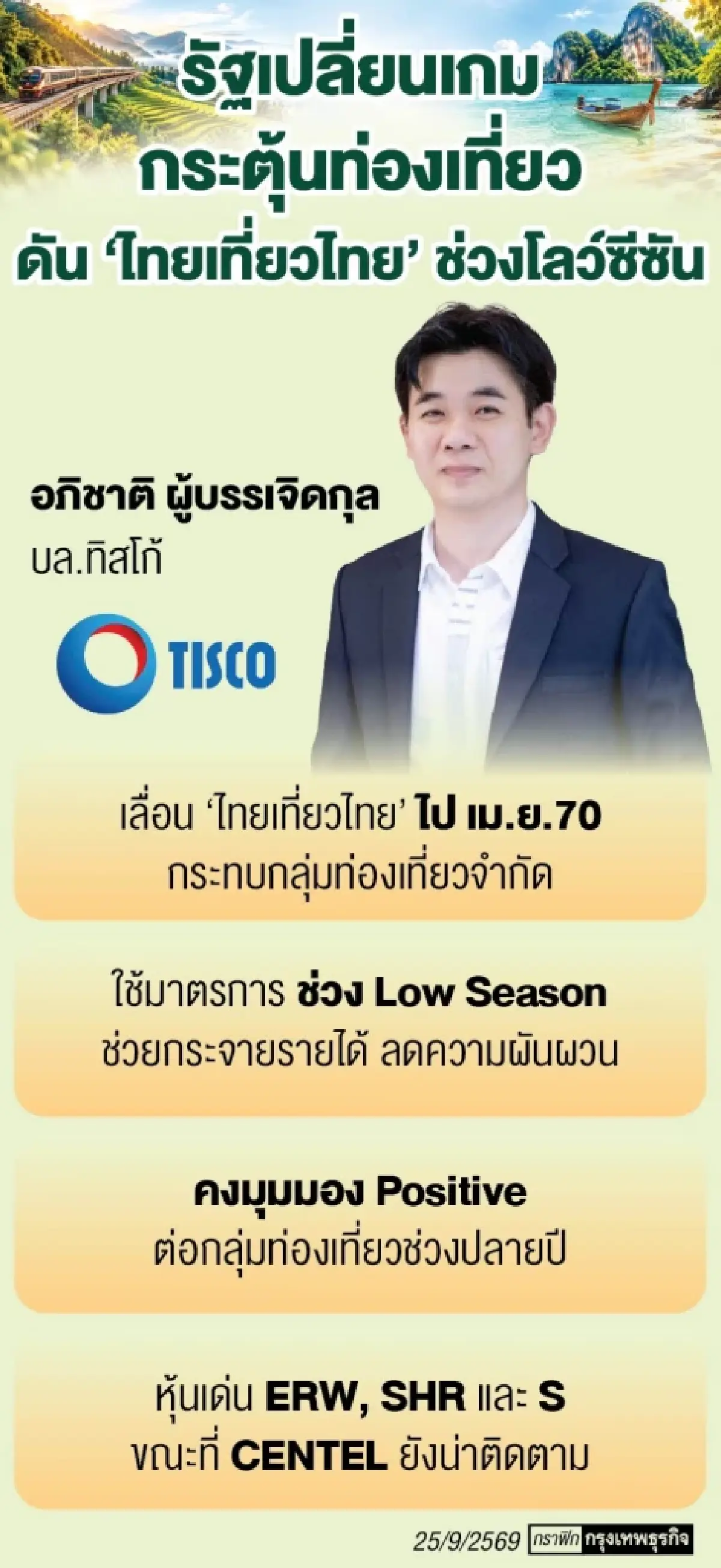 ‘กลุ่มท่องเที่ยว’ กระทบจำกัด ปมเลื่อน ‘ไทยเที่ยวไทย’ ไปช่วงเม.ย. 70 หนุนช่วยลดผันผวนโลว์ซีซัน