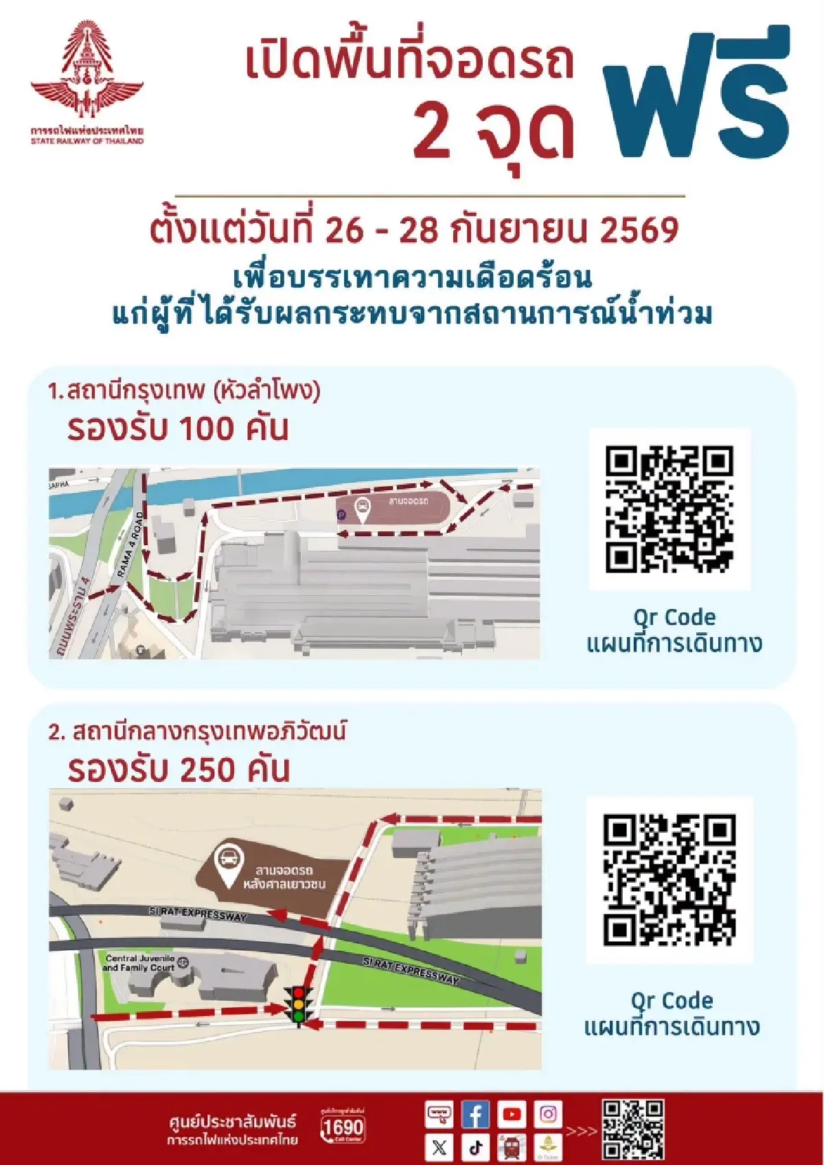 รฟท. เปิดพื้นที่ 'จอดรถฟรี' 26-28 ก.ย. นี้ ช่วยผู้ประสบภัยน้ำท่วม