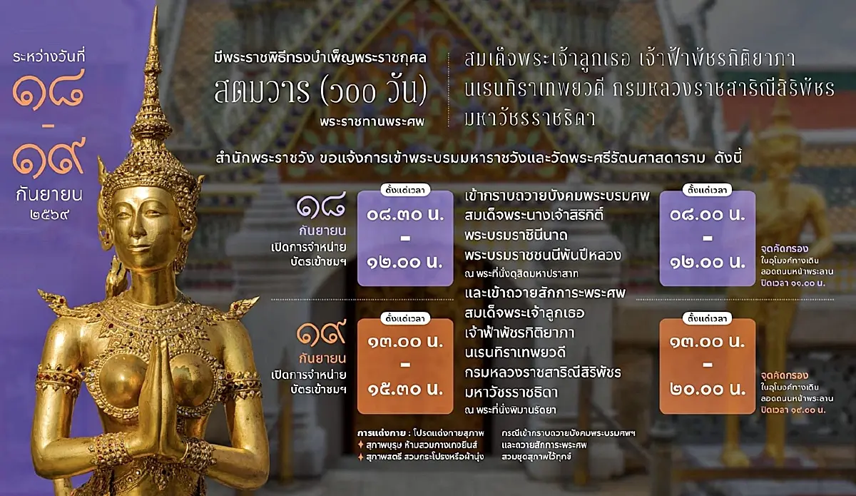 สำนักพระราชวัง แจ้งช่วงเวลาเข้าพระบรมมหาราชวัง วัดพระแก้ว 18-19 ก.ย. มีพระราชพิธีฯ