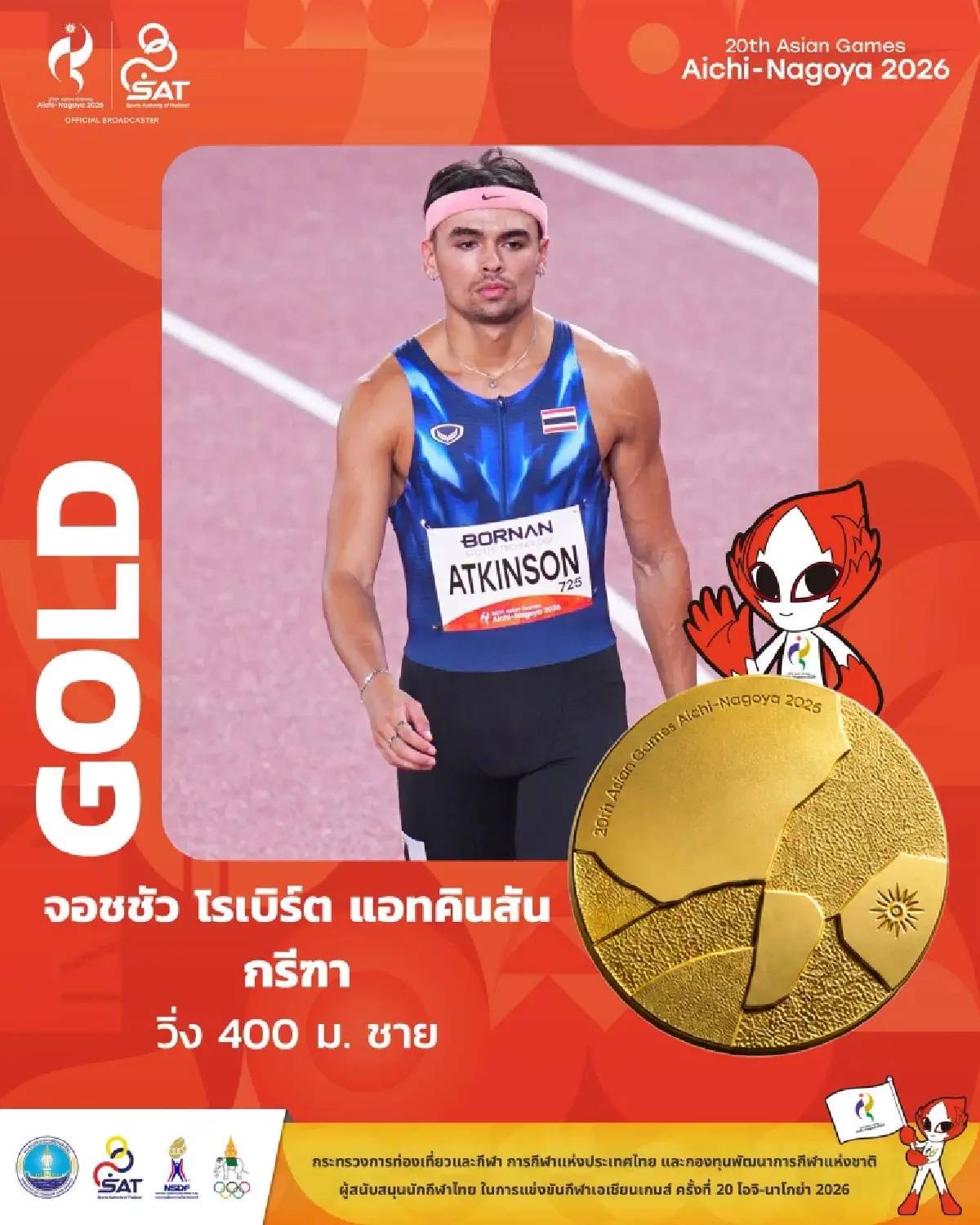 'จอชชัว' เข้าเส้นชัย 44.90 วิ วิ่ง 400 ม. คว้าเหรียญทอง เอเชียนเกมส์ 2026