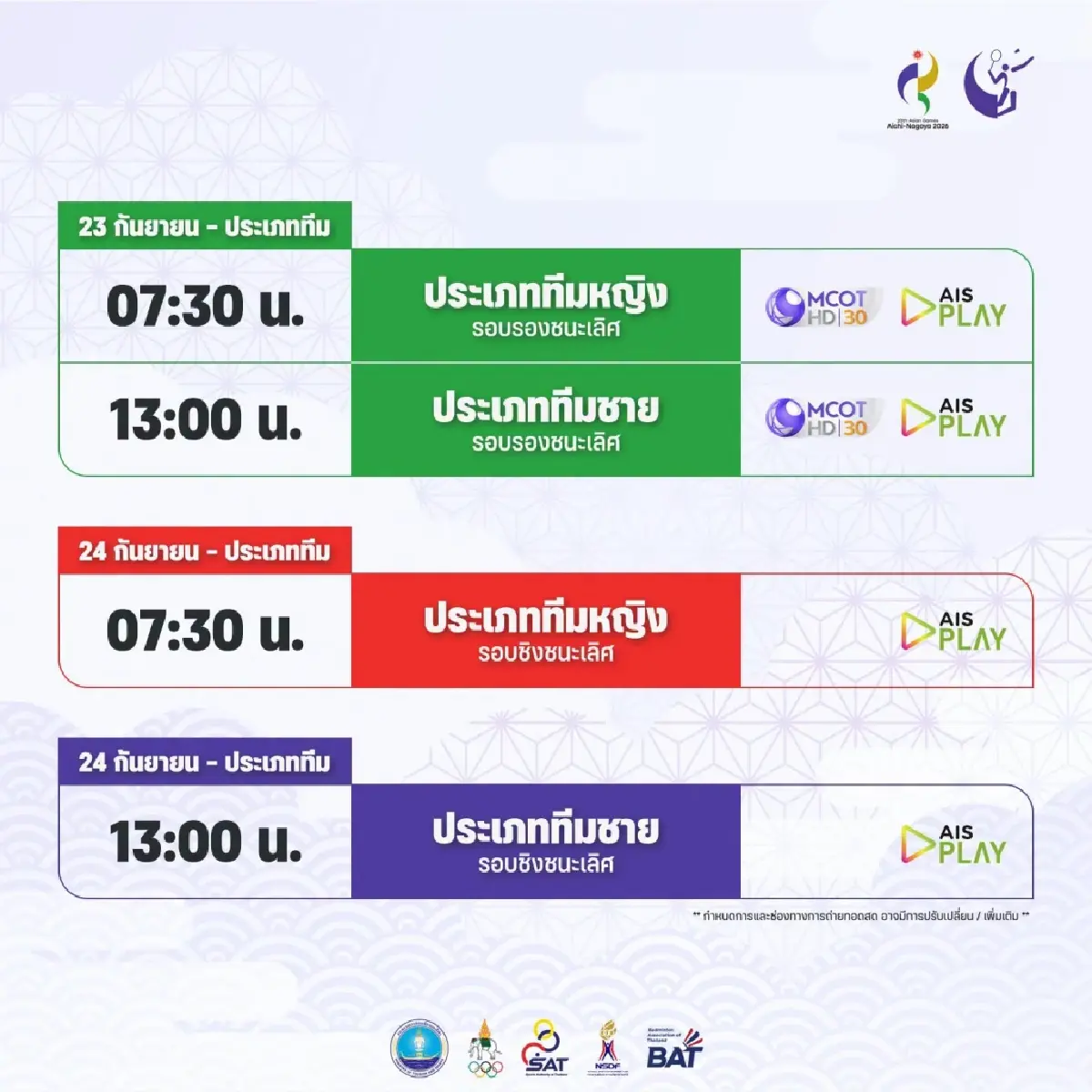 LIVE เชียร์ เมย์ รัชนก ถ่ายทอดสดแบดมินตัน ไทย พบ จีน เอเชียนเกมส์ 2026
