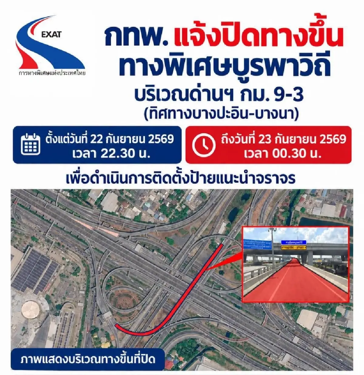 คืนนี้! ปิดทางขึ้นทางพิเศษบูรพาวิถี ด่านฯ กม. 9-3 ทิศทางบางปะอิน-บางนา