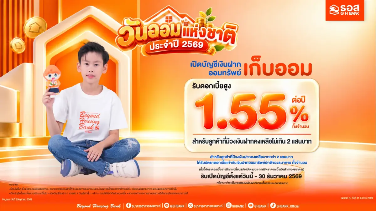 ธอส.เปิดรับเงินฝากดอกเบี้ย 1.55% ต่อปี หนุนกู้ซื้อบ้านในอนาคต