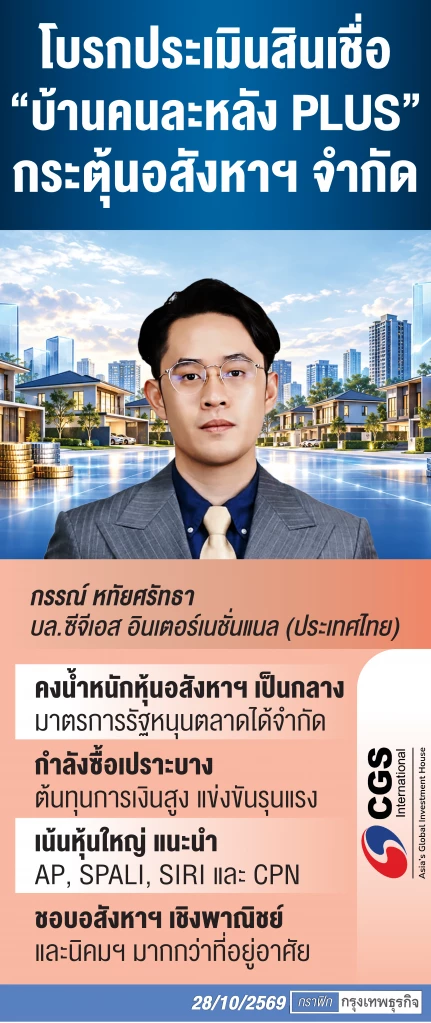 โบรกชี้สินเชื่อ ‘บ้านคนละหลัง PLUS’ หนุน ‘กลุ่มอสังหาฯ’ จำกัด แนะหุ้นปันผลสูง
