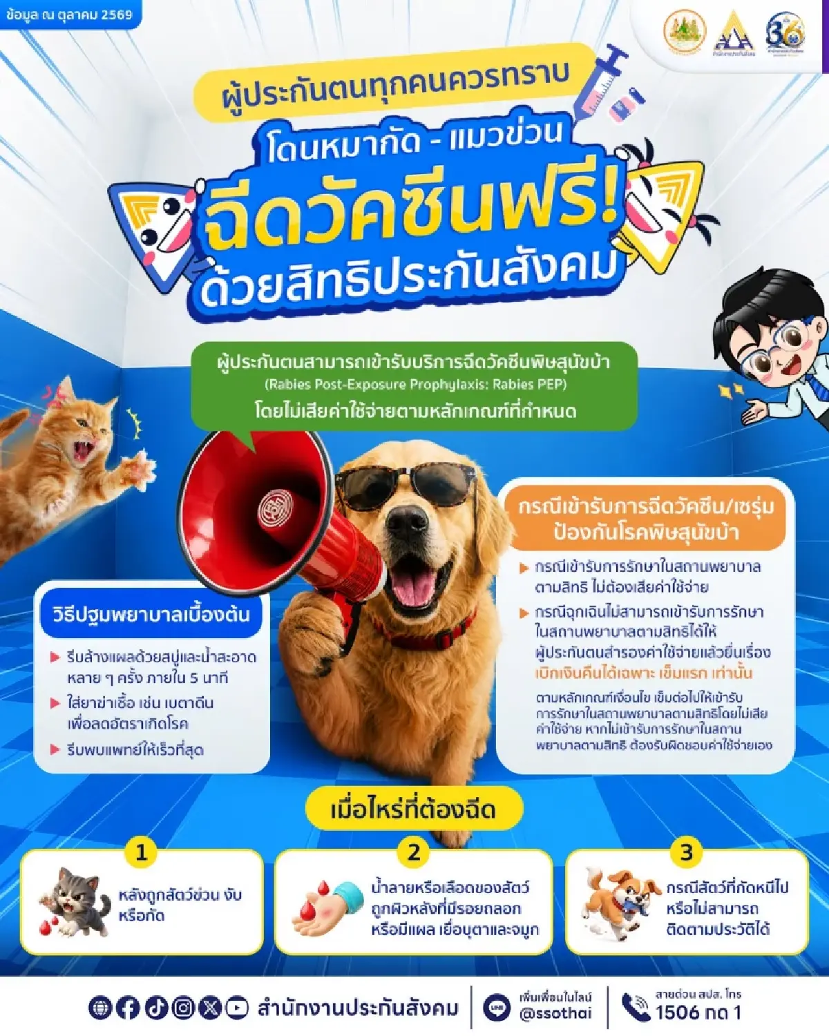 ประกันสังคม ย้ำผู้ประกันตนถูกหมากัด-แมวข่วน ฉีดวัคซีนฟรี