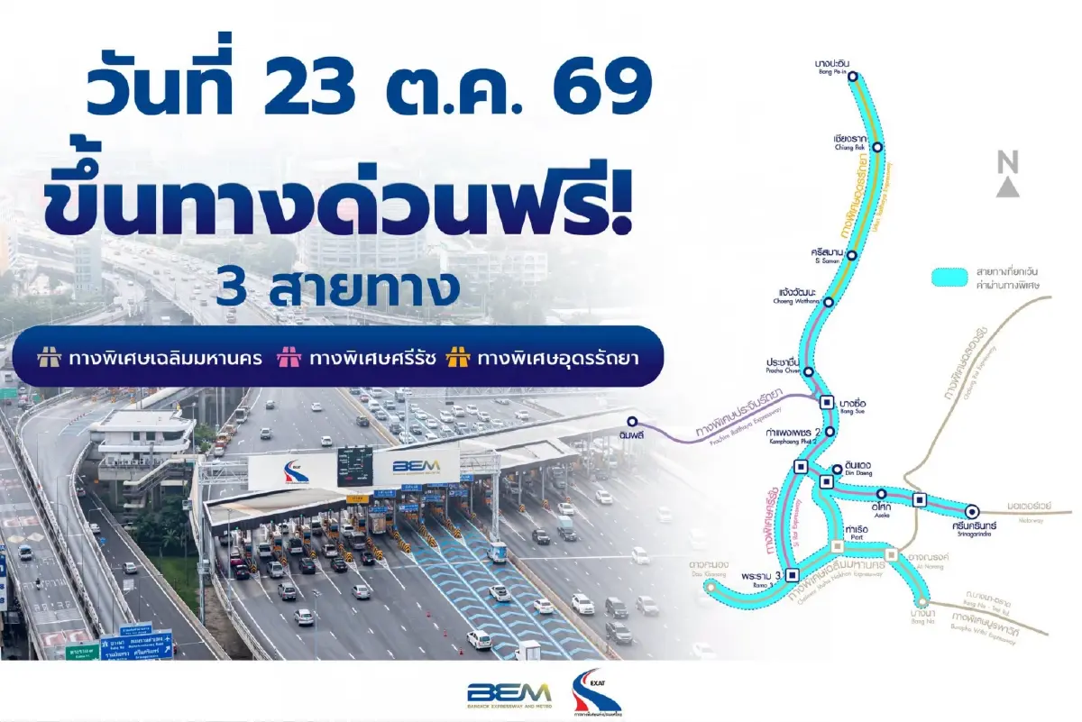 ทางด่วนฟรี วันศุกร์ 23 ต.ค.69 วิ่งยาวๆ 63 ด่าน 24 ชม. ไม่ต้องจ่ายเงิน