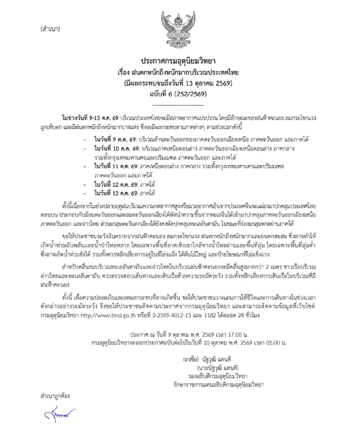 อุตุฯ เตือนฉบับ 6 ไทยอากาศแปรปรวน ฝนตกหนัก ลมแรง เสี่ยงน้ำท่วม 9-13 ต.ค. 69