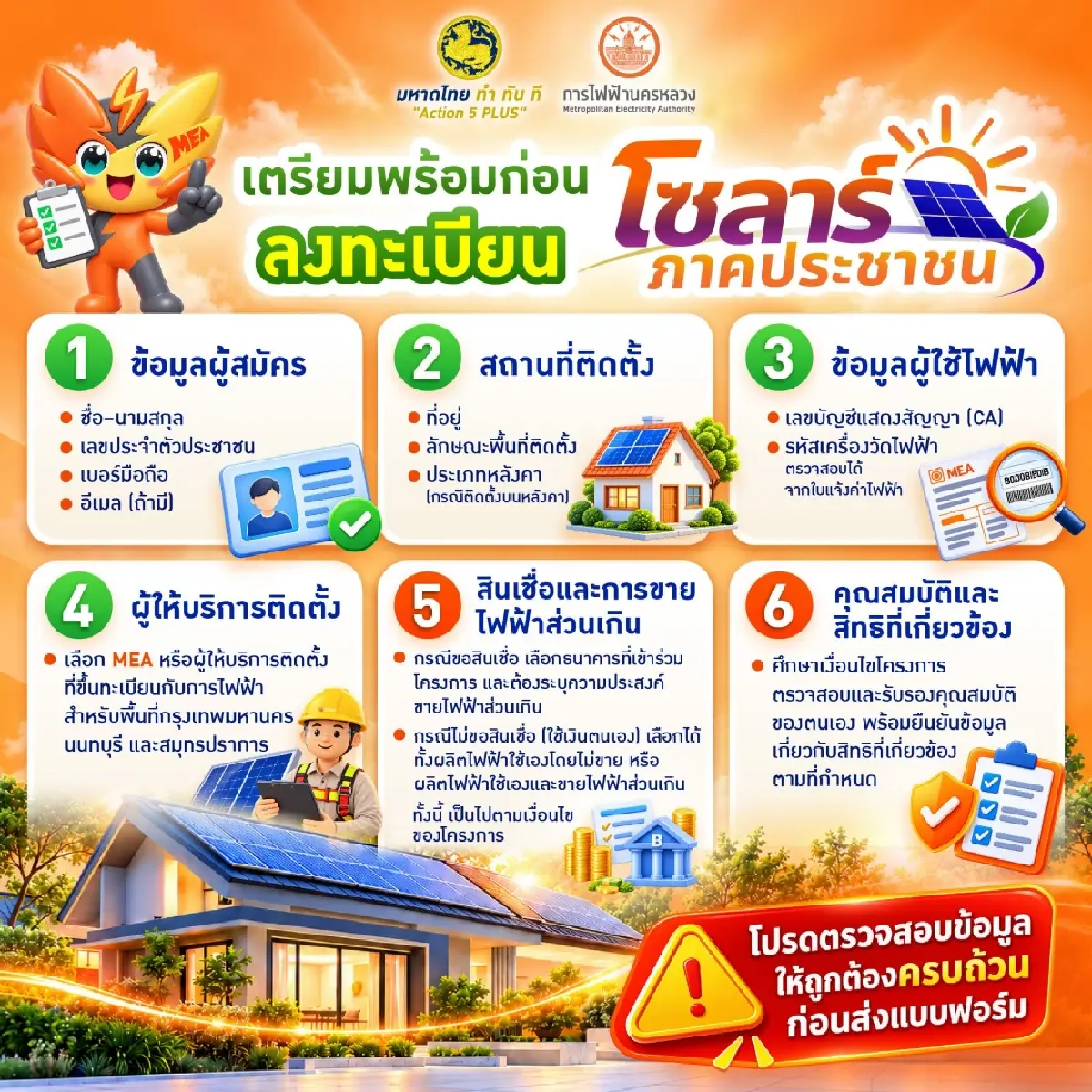 MEA แนะเตรียมข้อมูล 6 เรื่อง ก่อนลงทะเบียน ‘โซลาร์ภาคประชาชน’