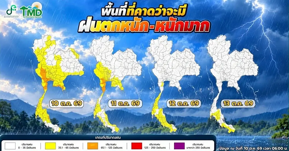 อุตุฯ เตือนฉบับ 8 ฝนตกหนัก ลมแรง เช็กรายชื่อจังหวัดเสี่ยงน้ำท่วม 10-13 ต.ค.