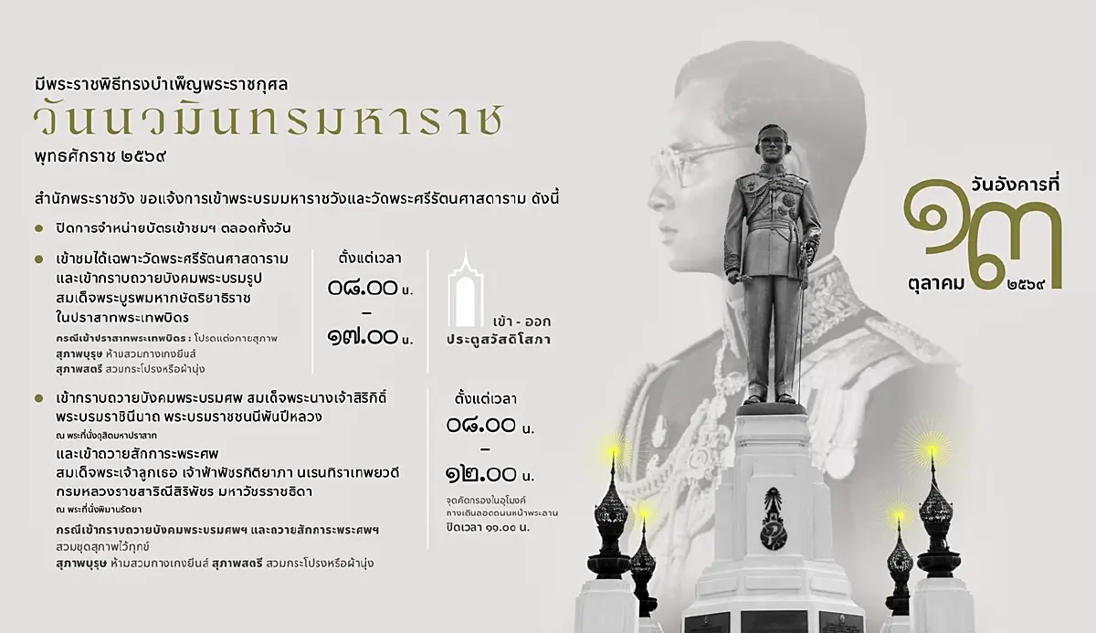 เช็ก! แจ้งเวลาเข้าวัดพระแก้ว-ปราสาทพระเทพบิดร วันนวมินทรมหาราช 13 ต.ค. 69