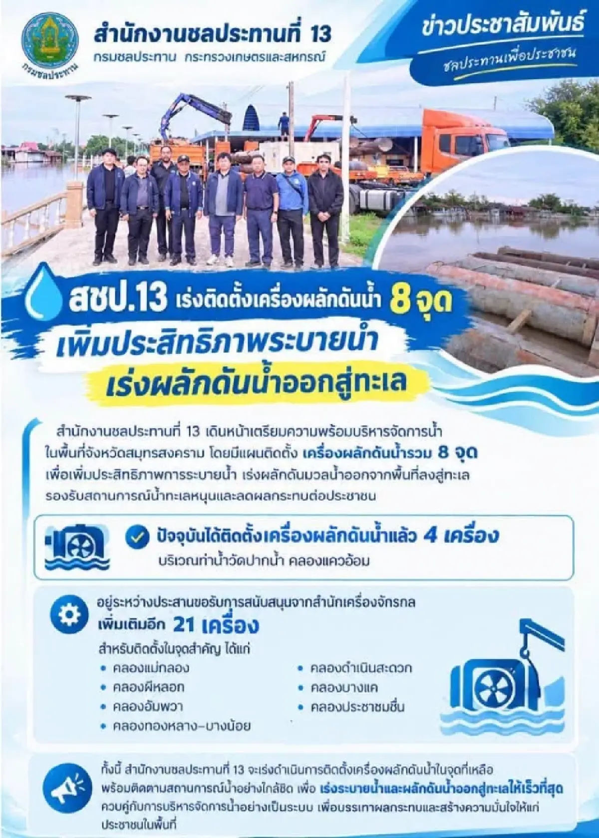 สถานการณ์น้ำท่วมสมุทรสงคราม 3 ต.ค.69 ระดมเครื่องผลักดันน้ำสู้ทะเลหนุน