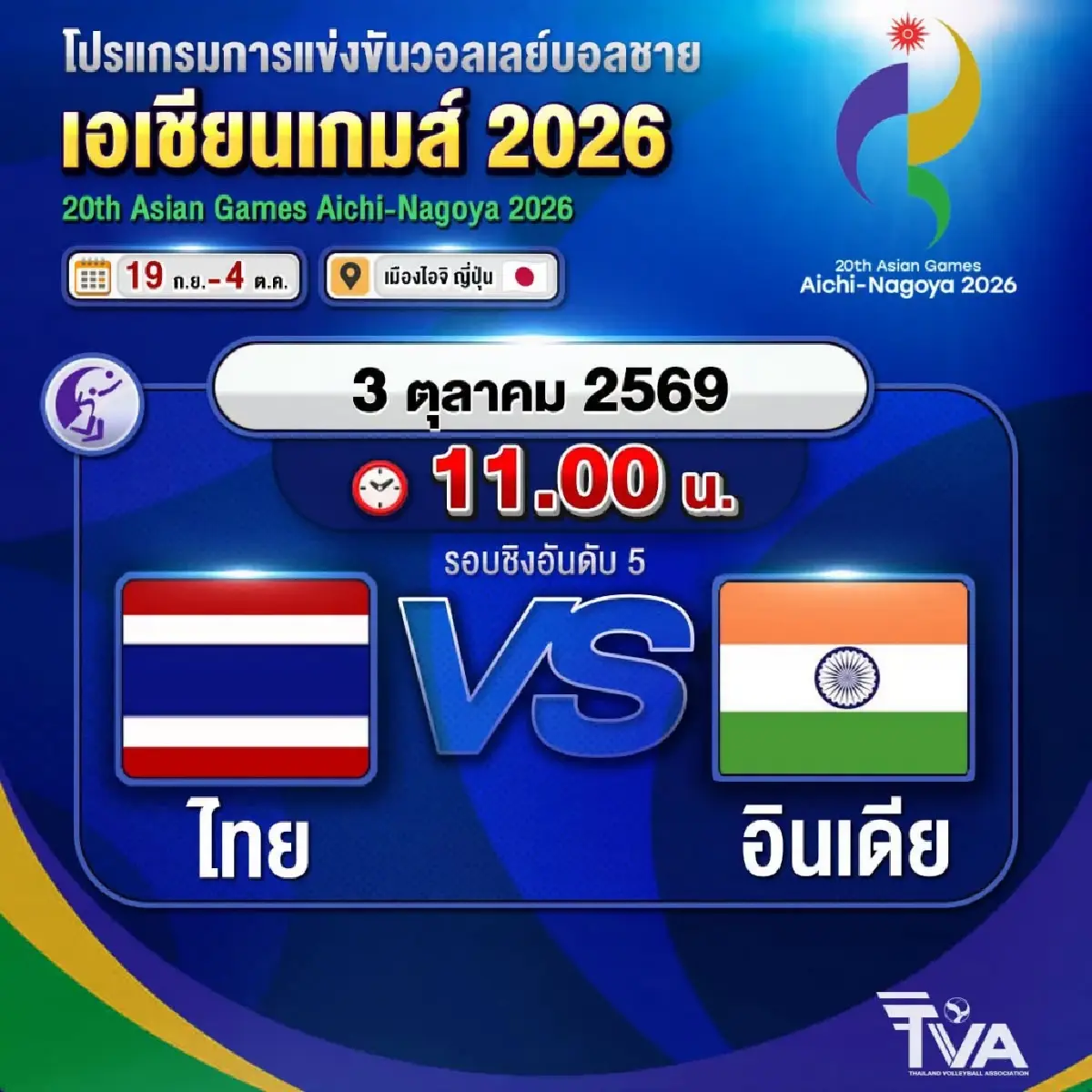 LIVE ถ่ายทอดสดวอลเลย์บอลชาย 'ไทย พบ อินเดีย' เอเชียนเกมส์ 2026 รอบชิงอันดับ 5